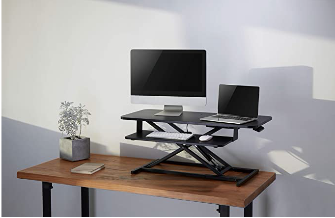 OCOMMO Standing Desk, Height Adjustable Desk Riser for Home Office or Office Desk, 37.4 Inch Computer Desk Workstation, Dual Monitor Stand and Laptop Stand with Ergonomic Keyboard Tray, Black